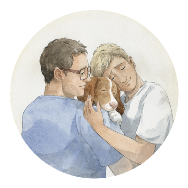 two men holding a dog lovingly